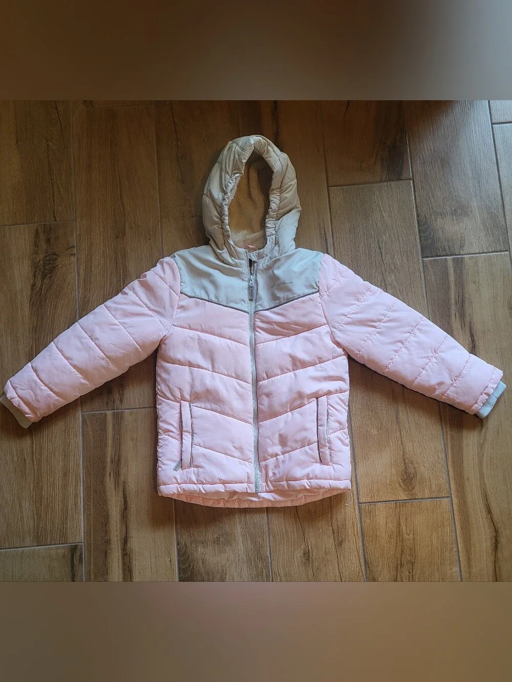 Eddie Bauer Pink and Cream Hooded Puffer Jacket